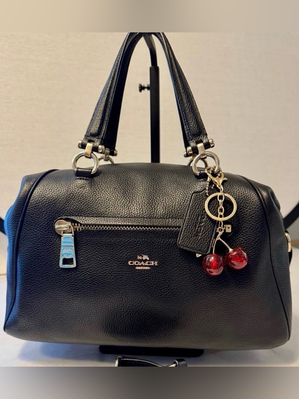 Coach Primrose Black Pebbled Leather Satchel with Red Cherry Charm
